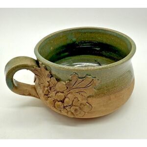 Handmade Studio Pottery Soup Mug Tallan Green Glaze Rustic Flowers Leaves Signed